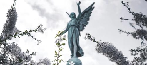angel green concrete statue low-angle photo