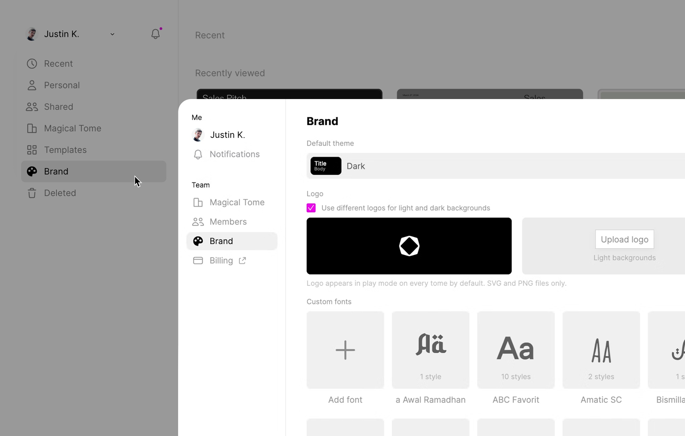 Visit the brand settings page to upload logos and custom fonts, or set your default presentation theme