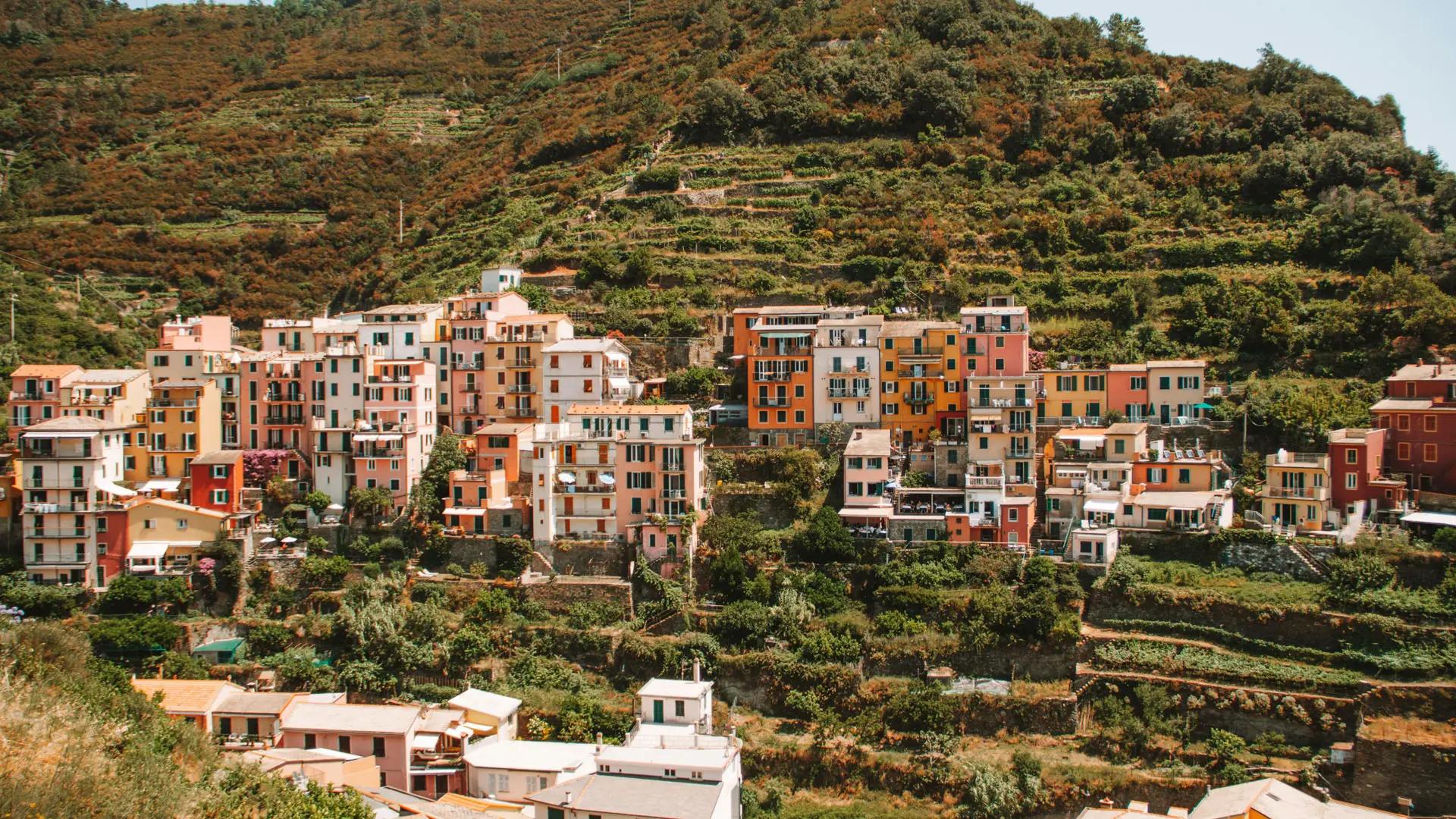 Veduta panoramica del borgo di Corniglia arroccato sulla cima di un alto promontorio roccioso, circondato da terrazzamenti di vigneti a strapiombo sul Mar Ligure azzurro