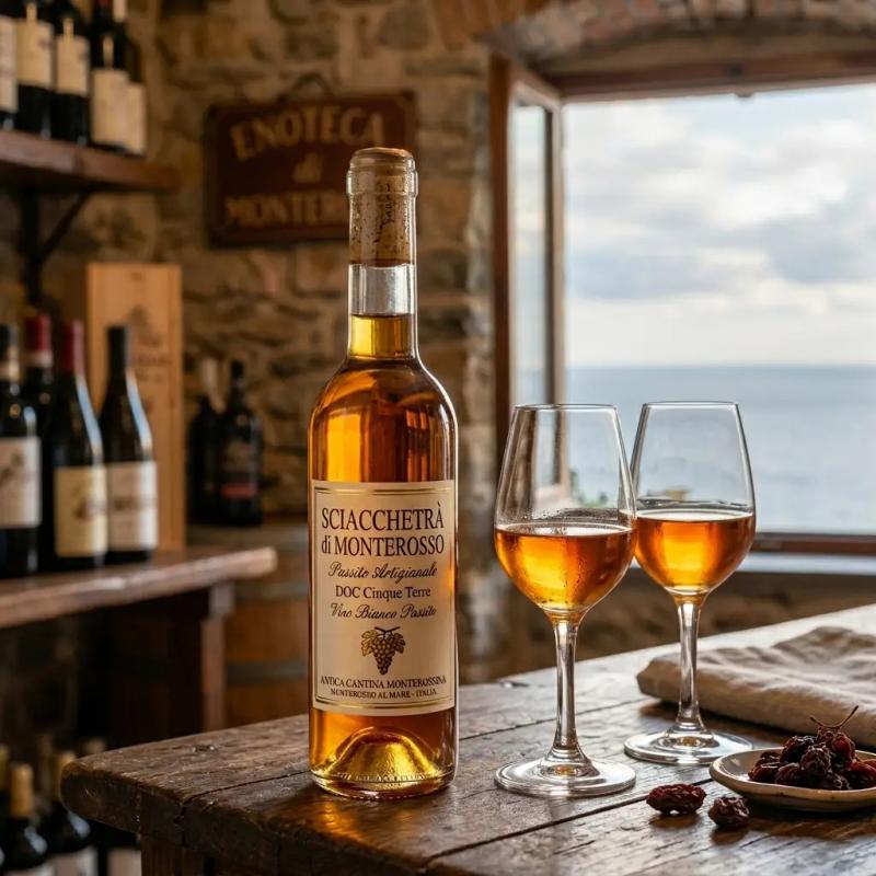 Sciacchetrà, un vino passito artigianale dal colore ambrato e luminoso.