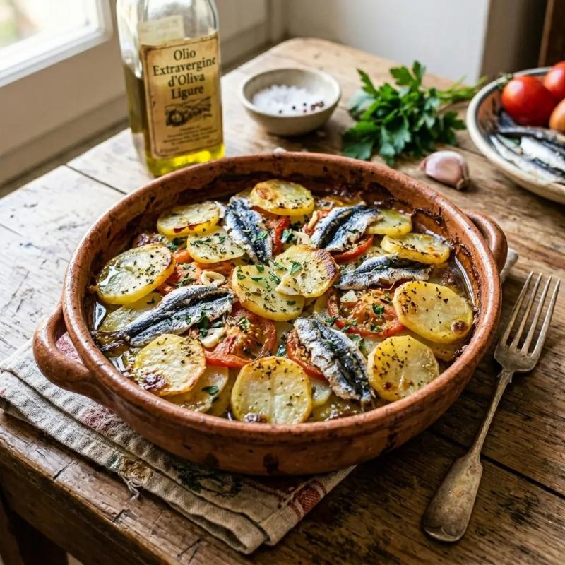 Un tradizionale tegame in terracotta fumante contenente il pasticcio al forno di acciughe, patate e pomodorini freschi, tipico di Vernazza