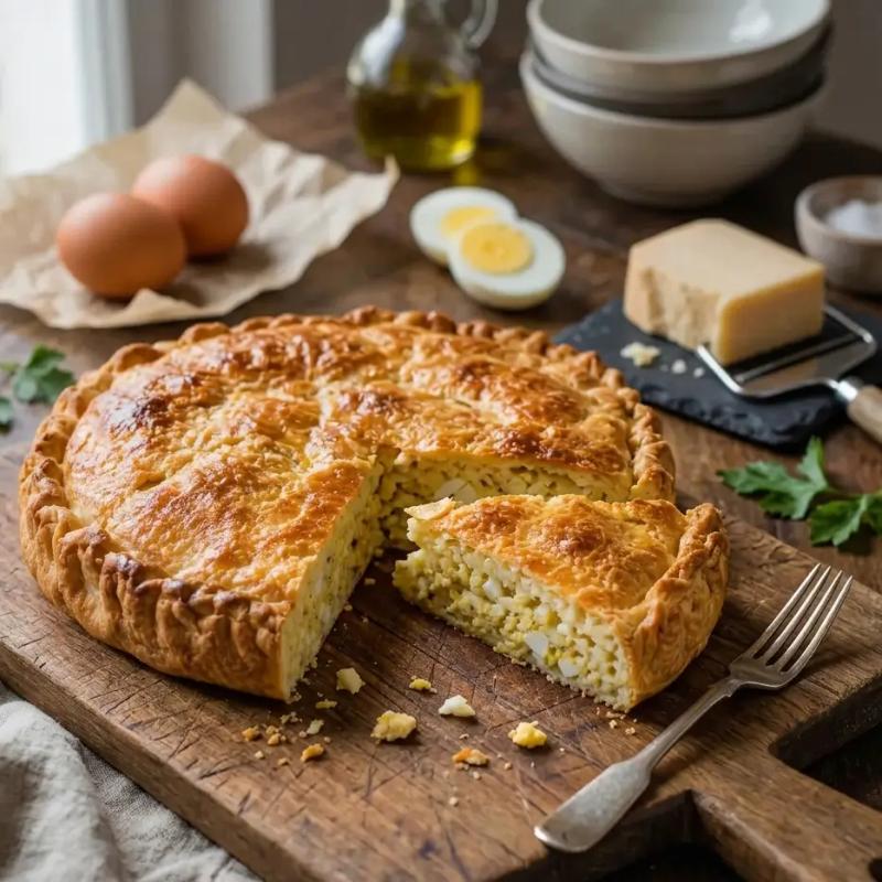 Una teglia con una torta salata di riso ligure dorata in superficie e tagliata a fette, disposta su un tavolo di legno all'aperto