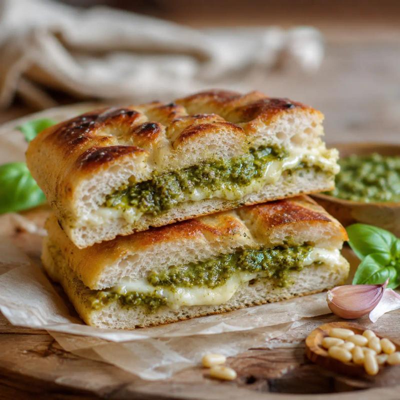 Un vassoio di legno con focaccine dorate e soffici, tagliate a metà e farcite con abbondante pesto verde brillante e formaggio stracchino cremoso