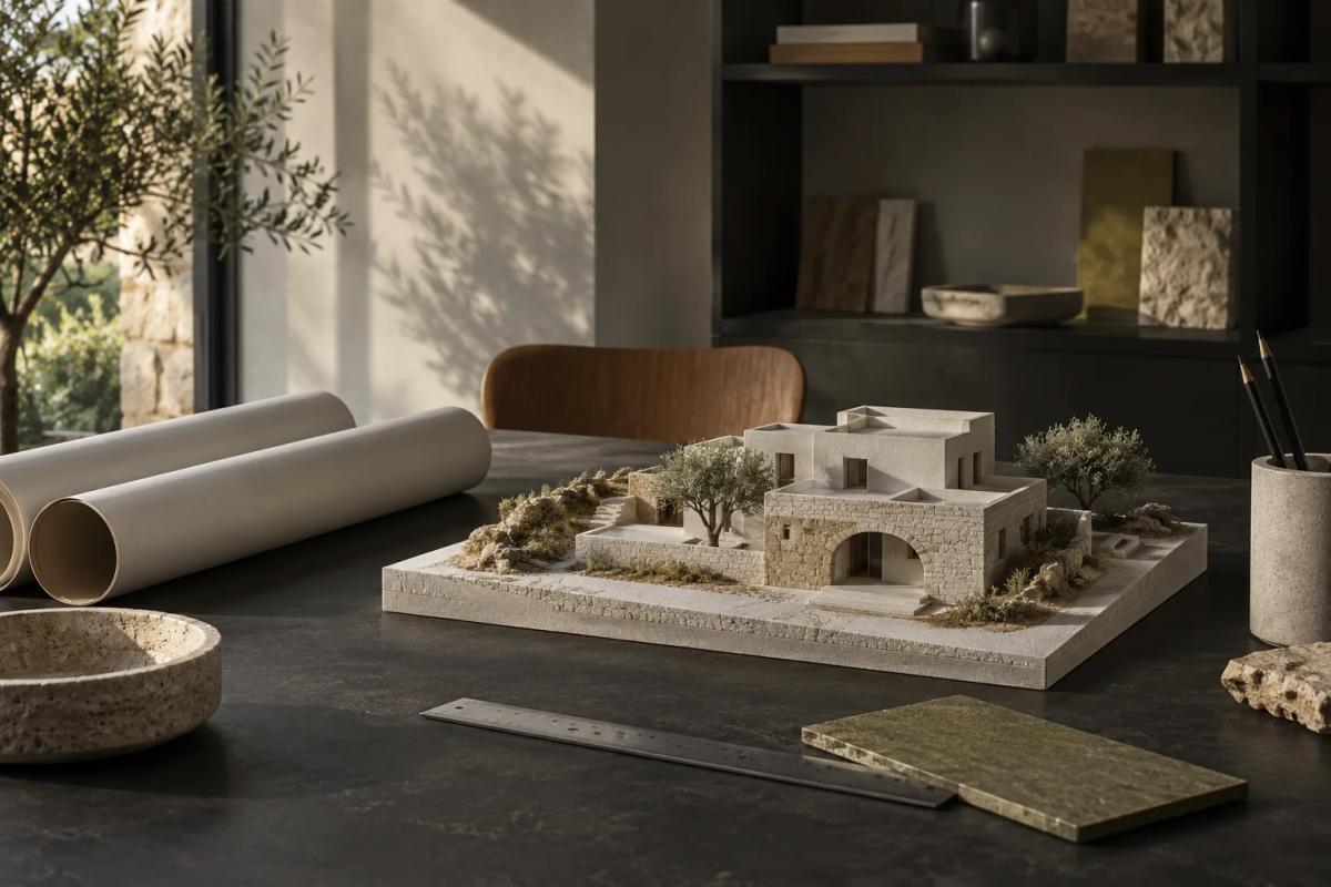 Physical model of a Mediterranean house on an architect’s worktable with drawings and material samples.