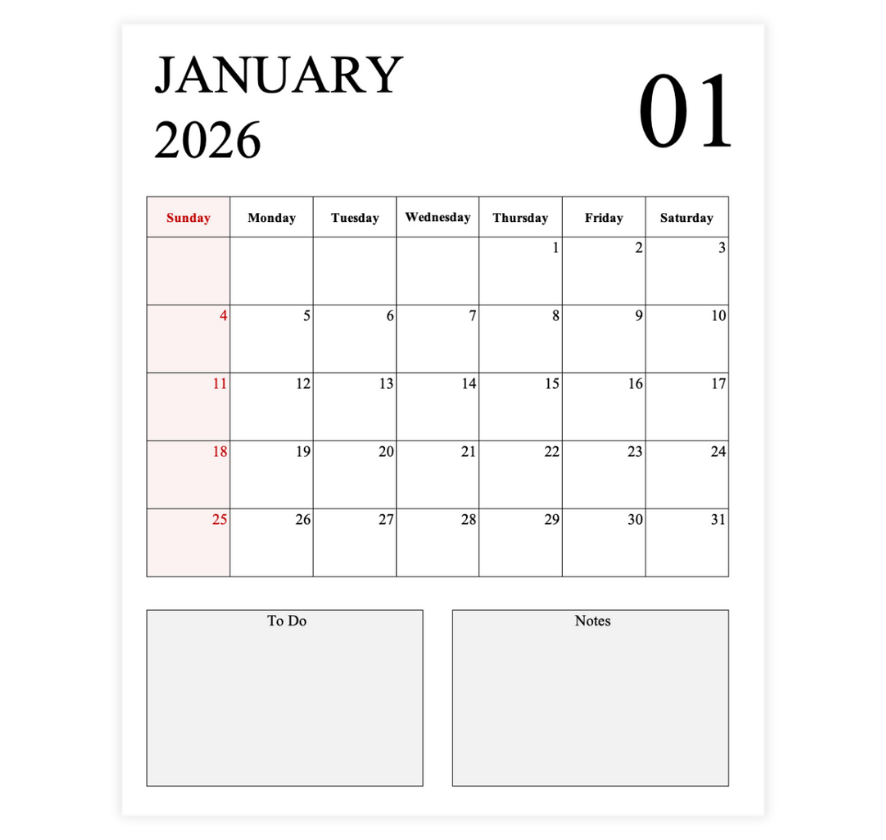 2026 Monthly Calendar Template