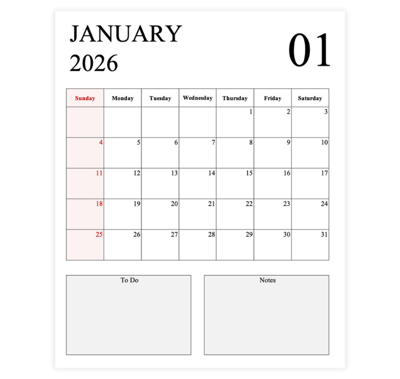 2026 Monthly Calendar Template