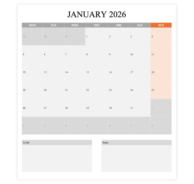 Grey monthly calendar template with notes