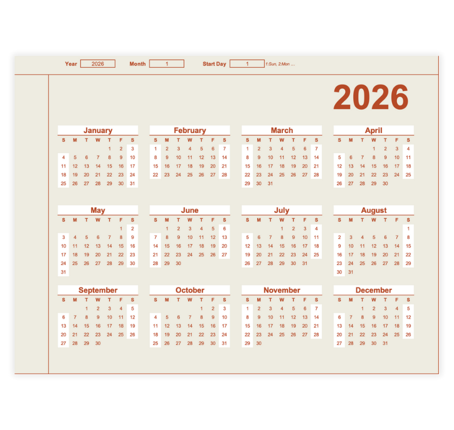 Red Lines Yearly Calendar Template