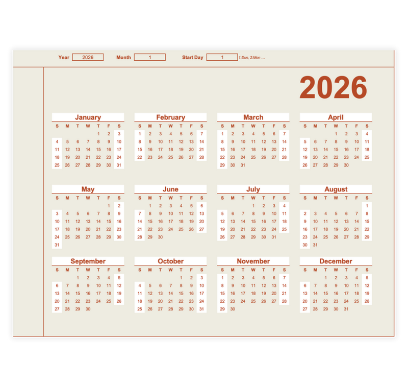 Red Lines Yearly Calendar Template