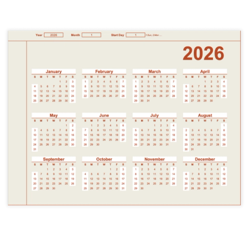 Download Now Red Lines Yearly Calendar Template