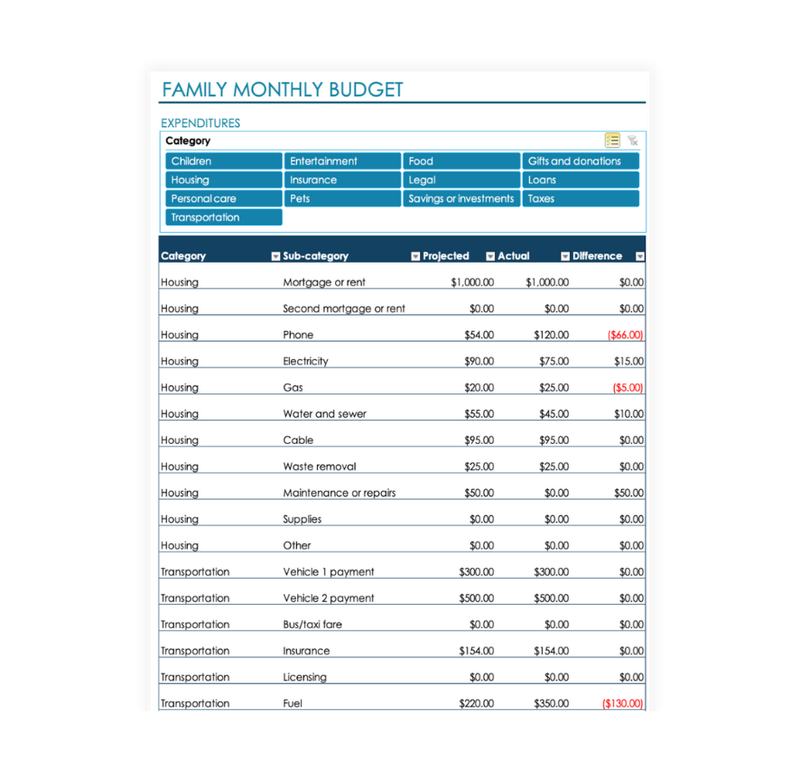 Family Monthly Budget Advanced Template