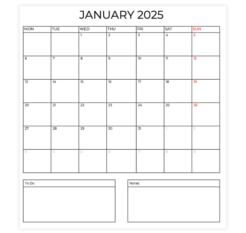 12-month calendar template with notes