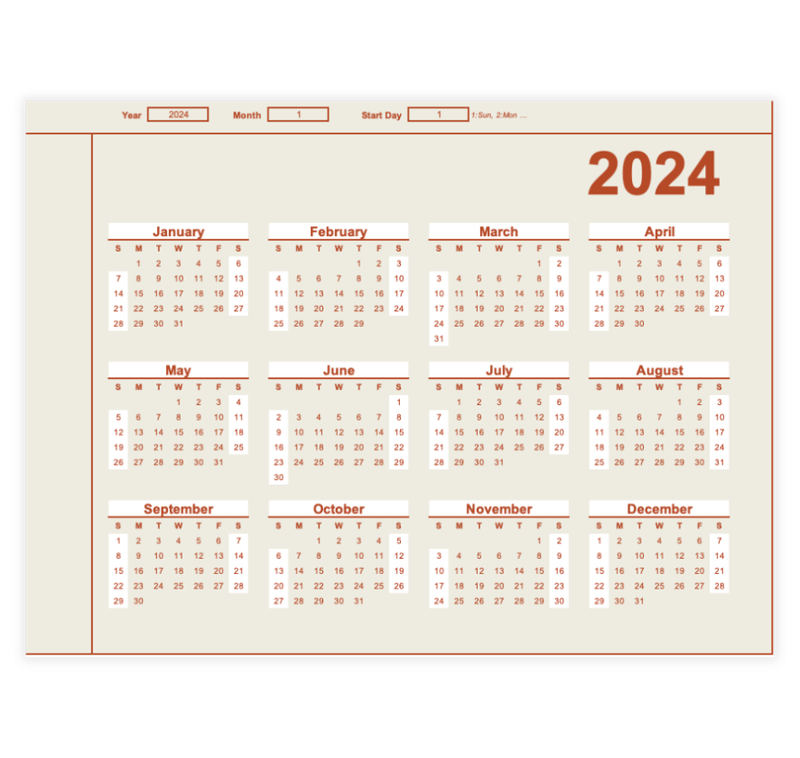 Red Lines Yearly Calendar Template