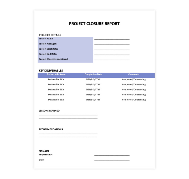 Simple Purple Closure Report Template
