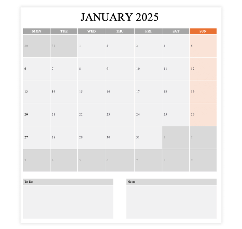 Monthly calendar template with notes