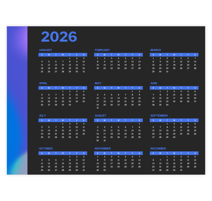 Yearly calendar on one page