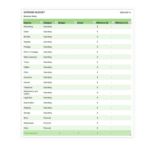 Download Now Business Expense Budget Template