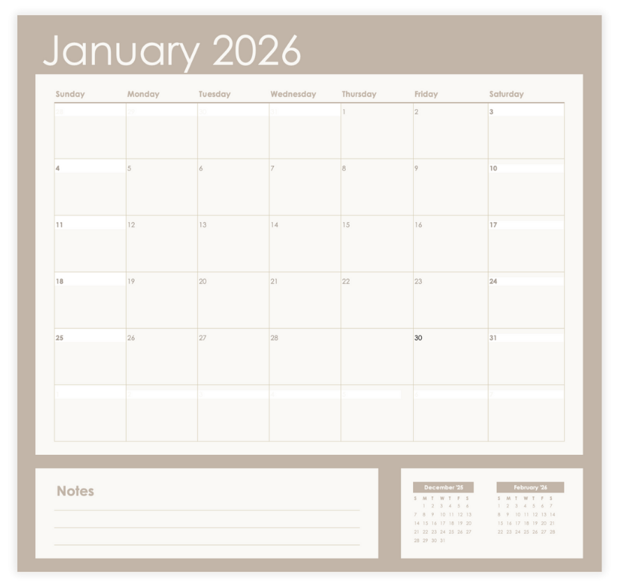 Beige Aesthetic Calendar January 2026