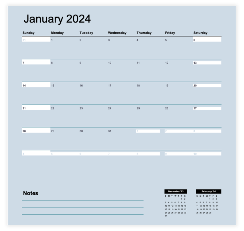 Monthly calendar template with notes
