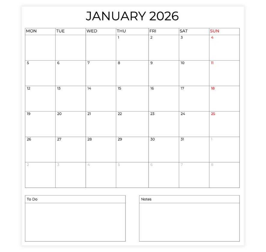  12-month calendar template with notes