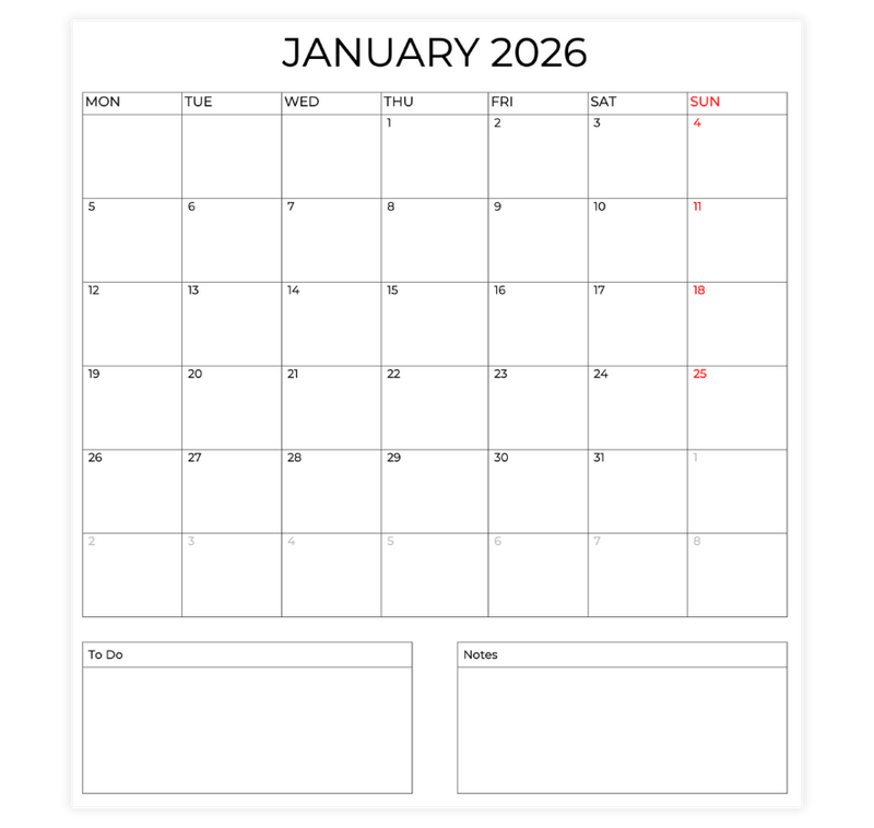  12-month calendar template with notes