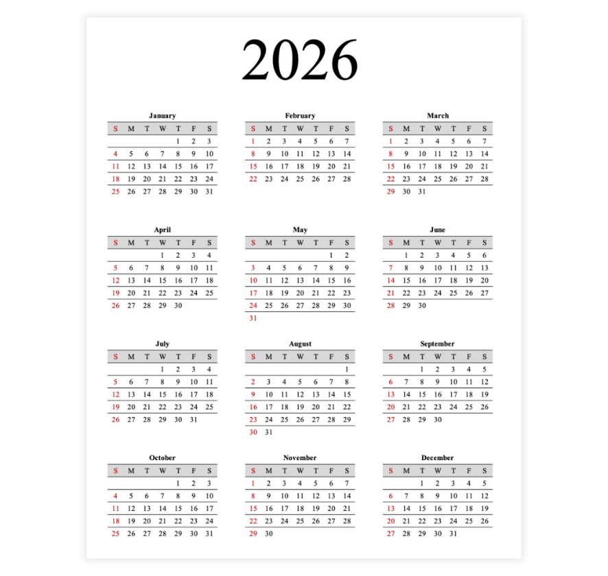 2026 Yearly Calendar Template 