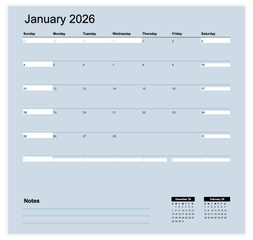 Monthly calendar template with notes