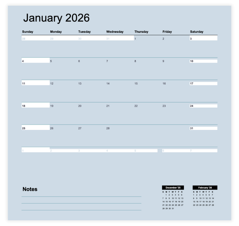 Monthly calendar template with notes
