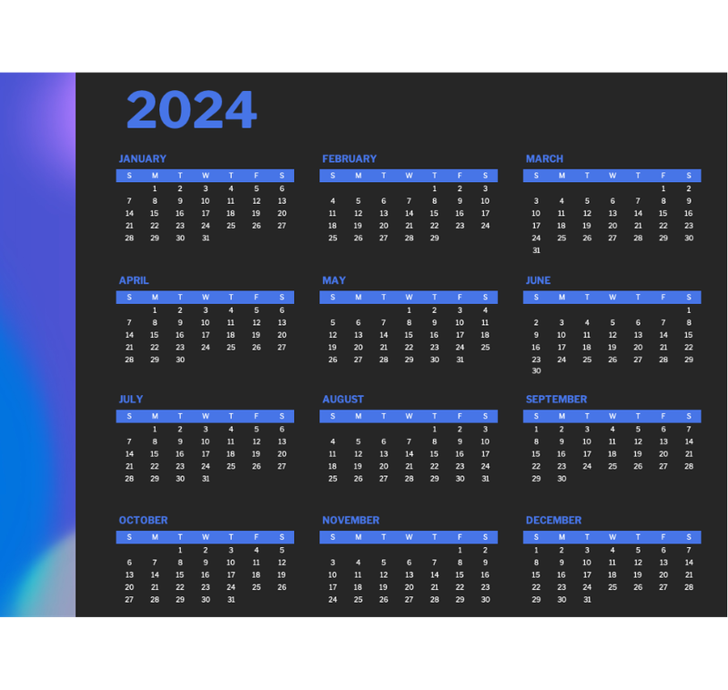 Yearly calendar on one page