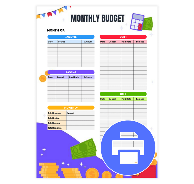 Colorful Printable Monthly Budget Template