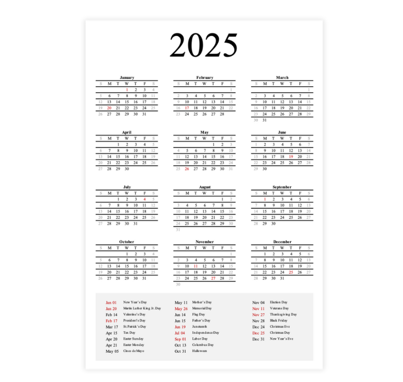 2025 Yearly Calendar Template with Holidays