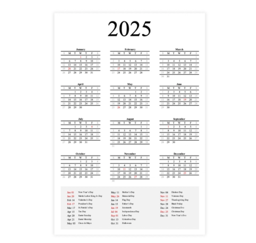 Download Now 2025 Yearly Calendar Template with Holidays