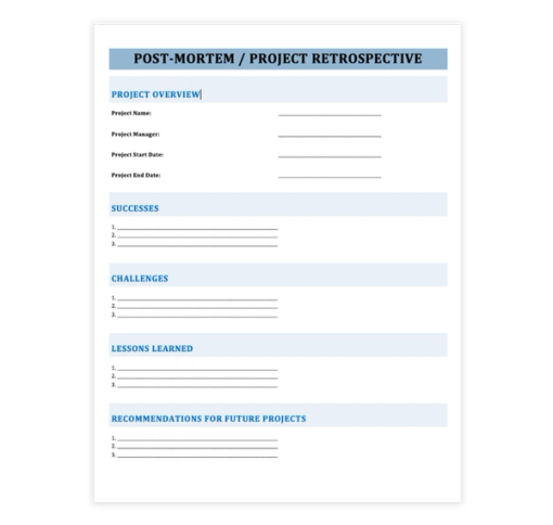 Download Now Simple Blue Post Mortem Template