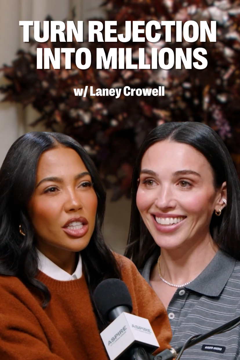 Two women, one speaking into a microphone and the other smiling, with text overlay "TURN REJECTION INTO MILLIONS w/ Laney Crowell".