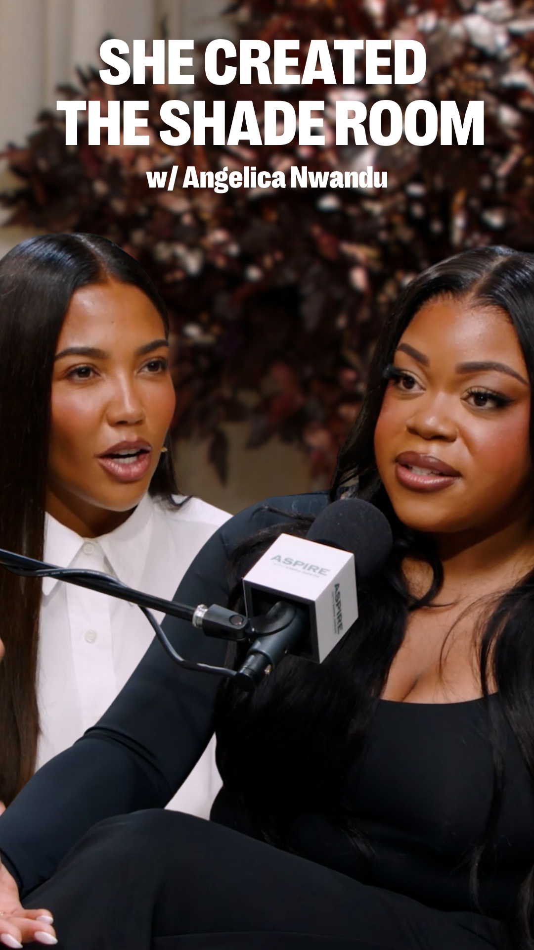Two women, Angelica Nwandu and another, speaking into a microphone with overlay text: "SHE CREATED THE SHADE ROOM w/ Angelica Nwandu."