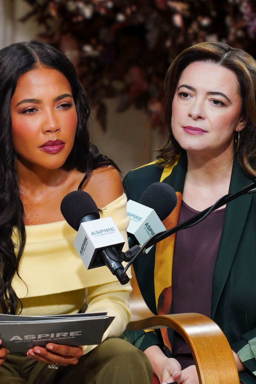 Two women, one in a yellow top and one in a green blazer, seated with "ASPIRE" microphones for a podcast or interview. The woman on the left holds an "ASPIRE" booklet.