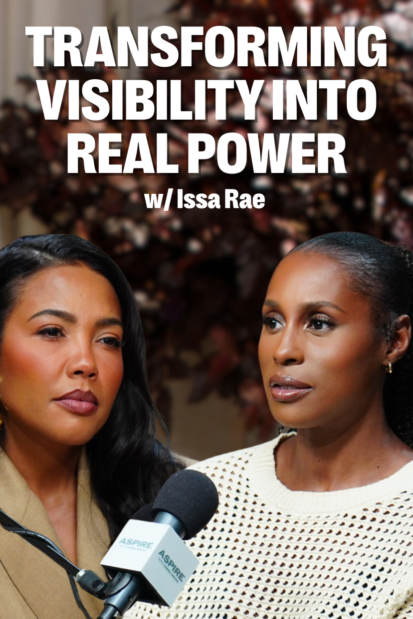 Issa Rae speaks into a microphone next to woman emma grede. Overlay text: "TRANSFORMING VISIBILITY INTO REAL POWER w/ Issa Rae."