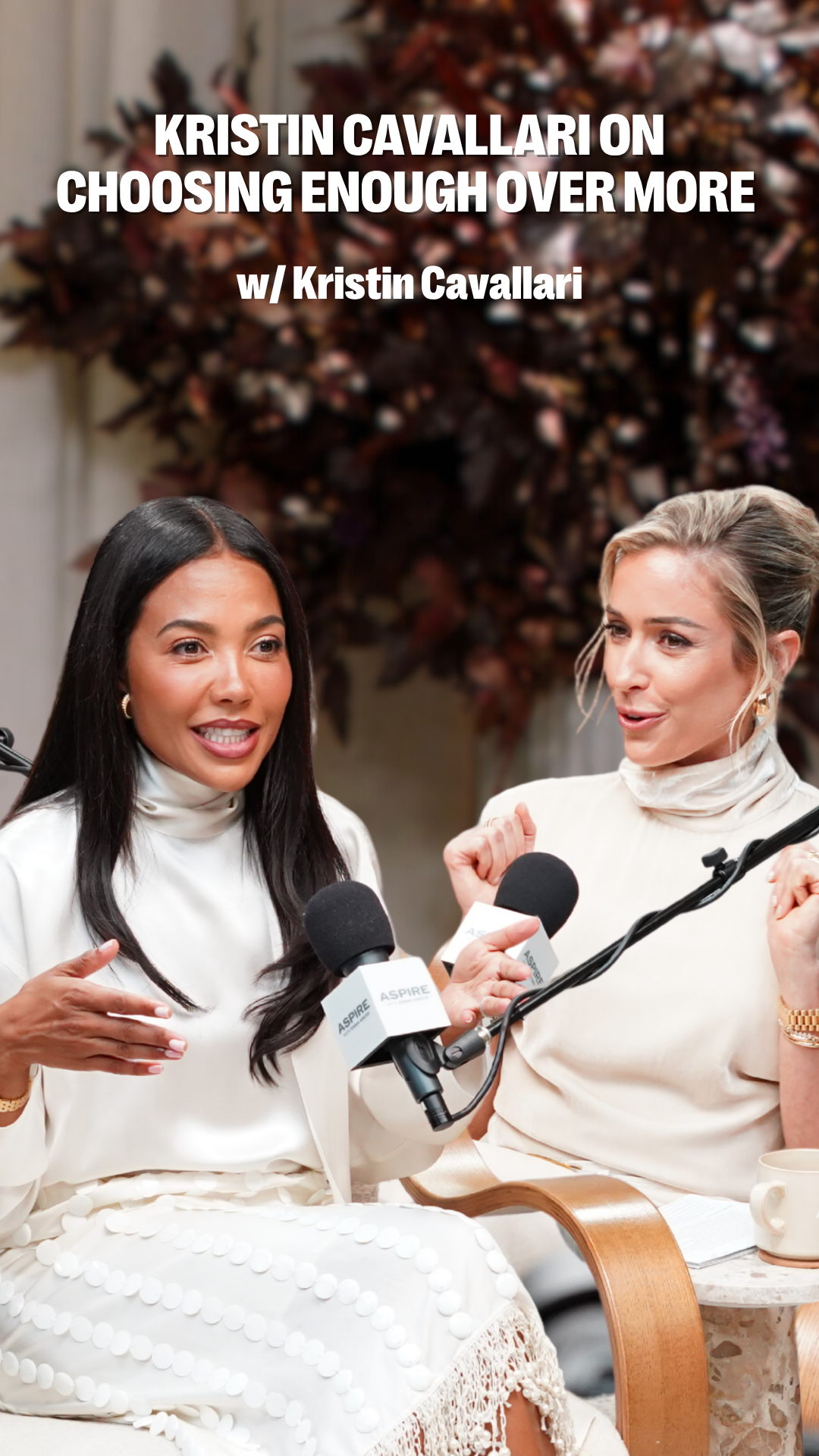 Kristin Cavallari and a woman with dark hair speaking into microphones, both in light-colored attire, with event title "Choosing Enough Over More."