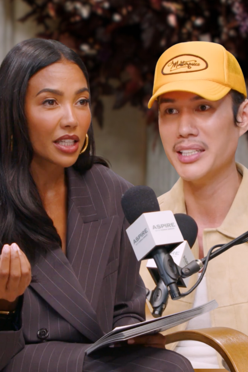 A woman with dark hair and a man in a yellow "Masterpiece" hat speak into microphones. Text: "THE ACCOUNTABILITY CONVERSATION w/ Patrick Ta".