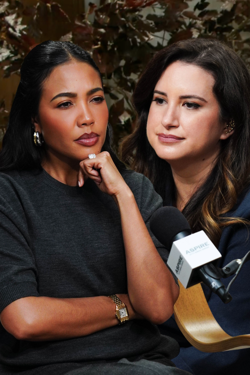 Two women seated, one thoughtfully resting her chin, the other near an Aspire branded microphone.