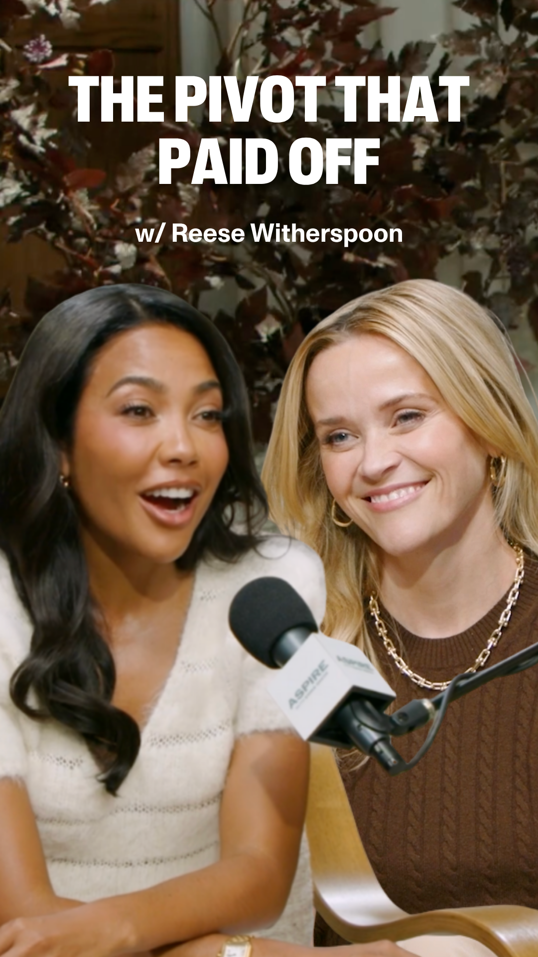 Emma Grede speaks into a microphone as Reese Witherspoon smiles beside her, with text: "THE PIVOT THAT PAID OFF w/ Reese Witherspoon."
