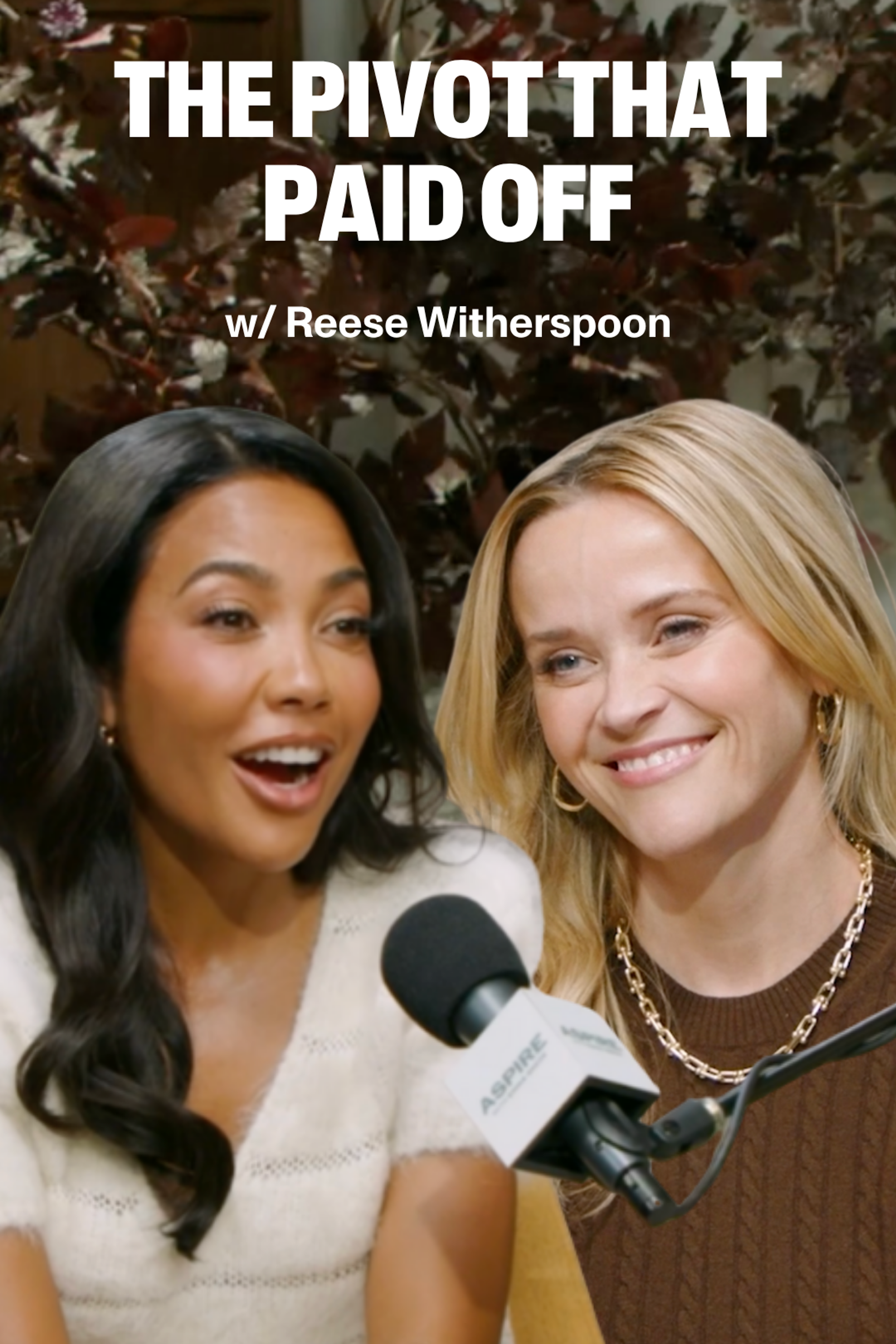 Emma Grede speaks into a microphone as Reese Witherspoon smiles beside her, with text: "THE PIVOT THAT PAID OFF w/ Reese Witherspoon."