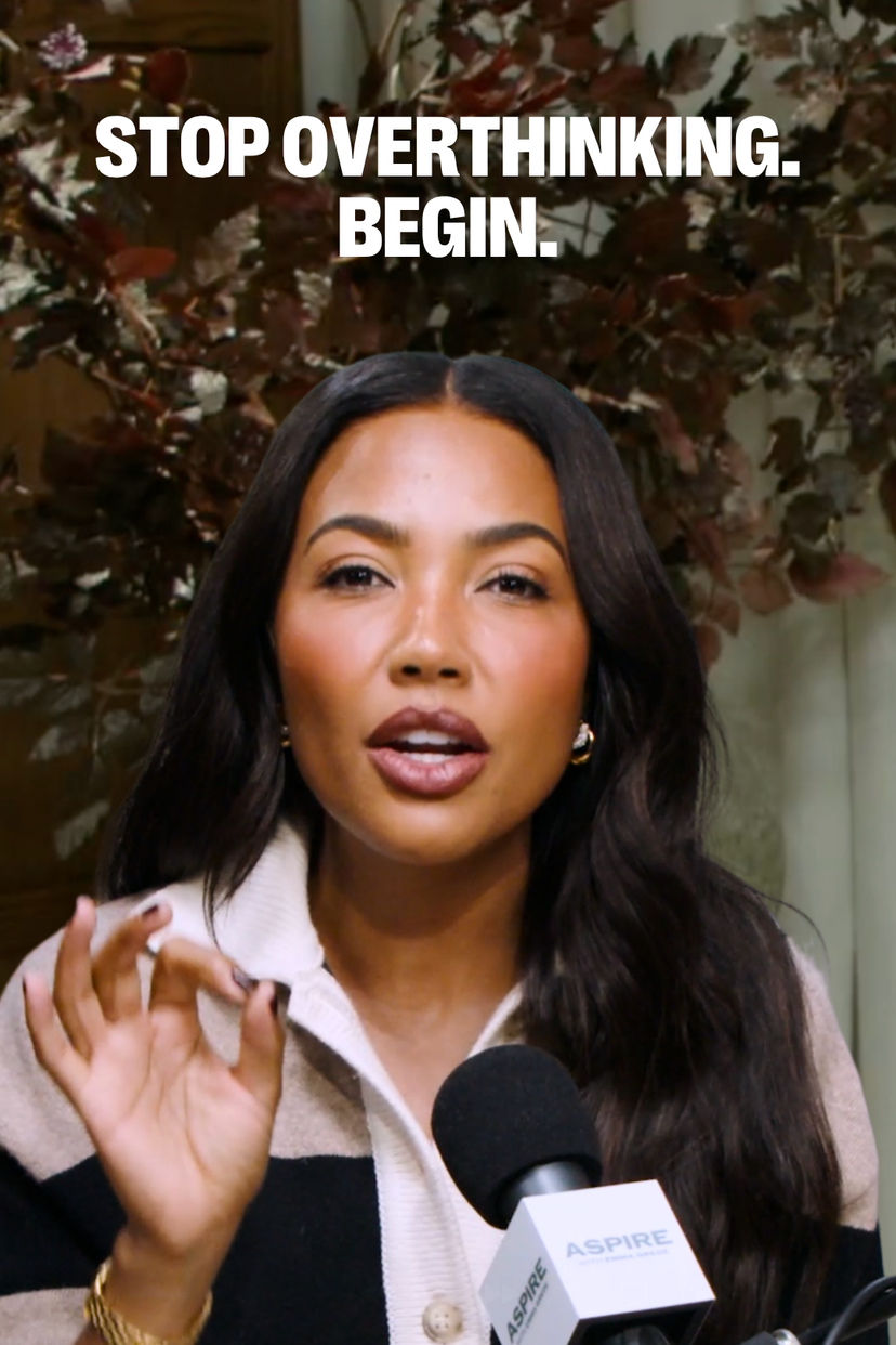 A woman speaks into an ASPIRE microphone with the overlay text "STOP OVERTHINKING. BEGIN."