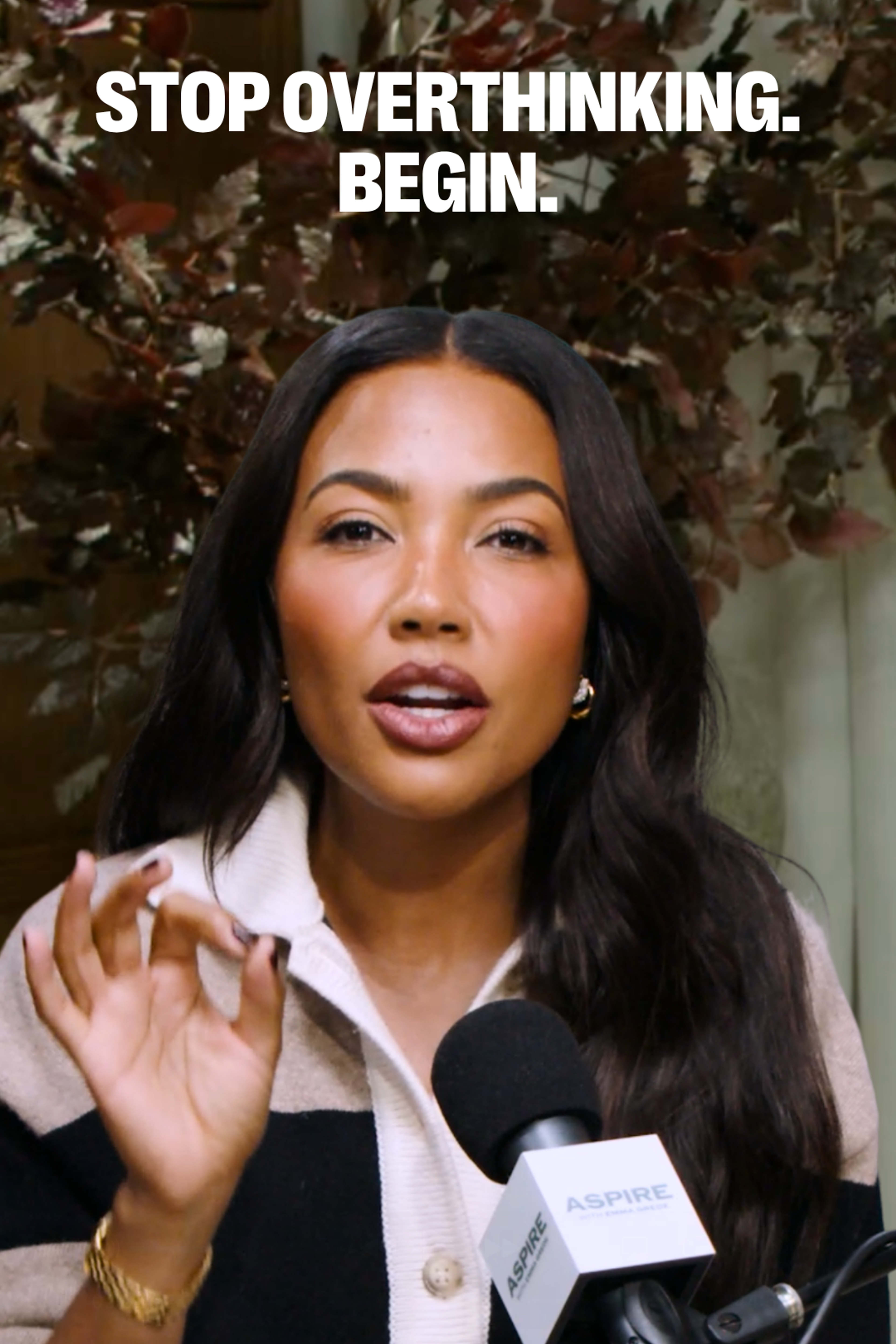 A woman speaks into an ASPIRE microphone with the overlay text "STOP OVERTHINKING. BEGIN."
