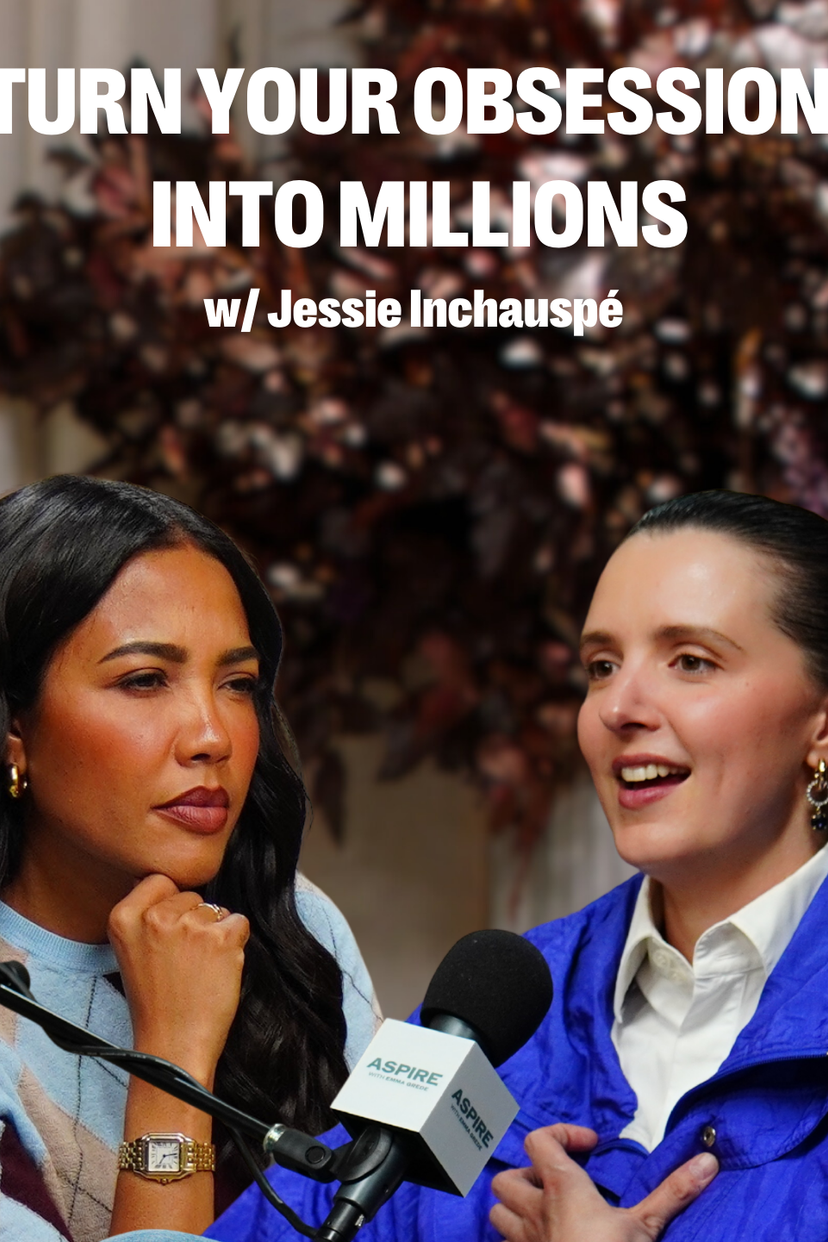 Two women in a podcast interview setting, with the overlay text "TURN YOUR OBSESSION INTO MILLIONS w/ Jessie Inchauspé".