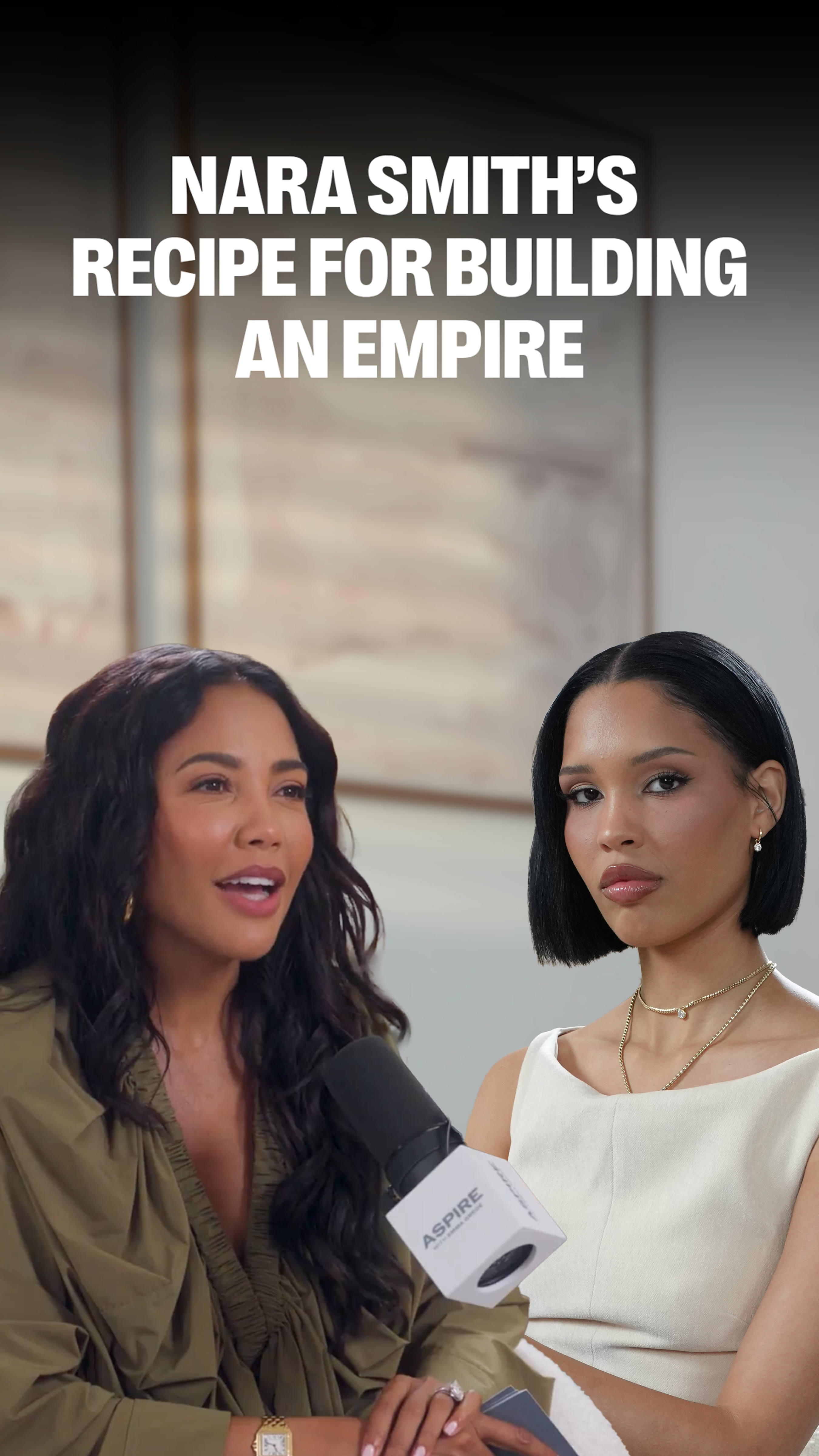 Two women, one speaking into a microphone, with Nara Smith (short bob) next to her. Text overlay: "NARA SMITH'S RECIPE FOR BUILDING AN EMPIRE".