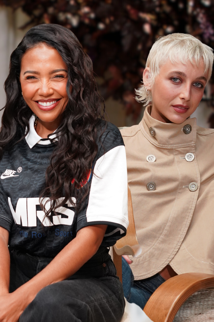 Emma Chamberlain with short blonde hair and another woman with long dark hair sit below the text "BUILD A BRAND THAT DOESN'T NEED YOU w/ Emma Chamberlain".
