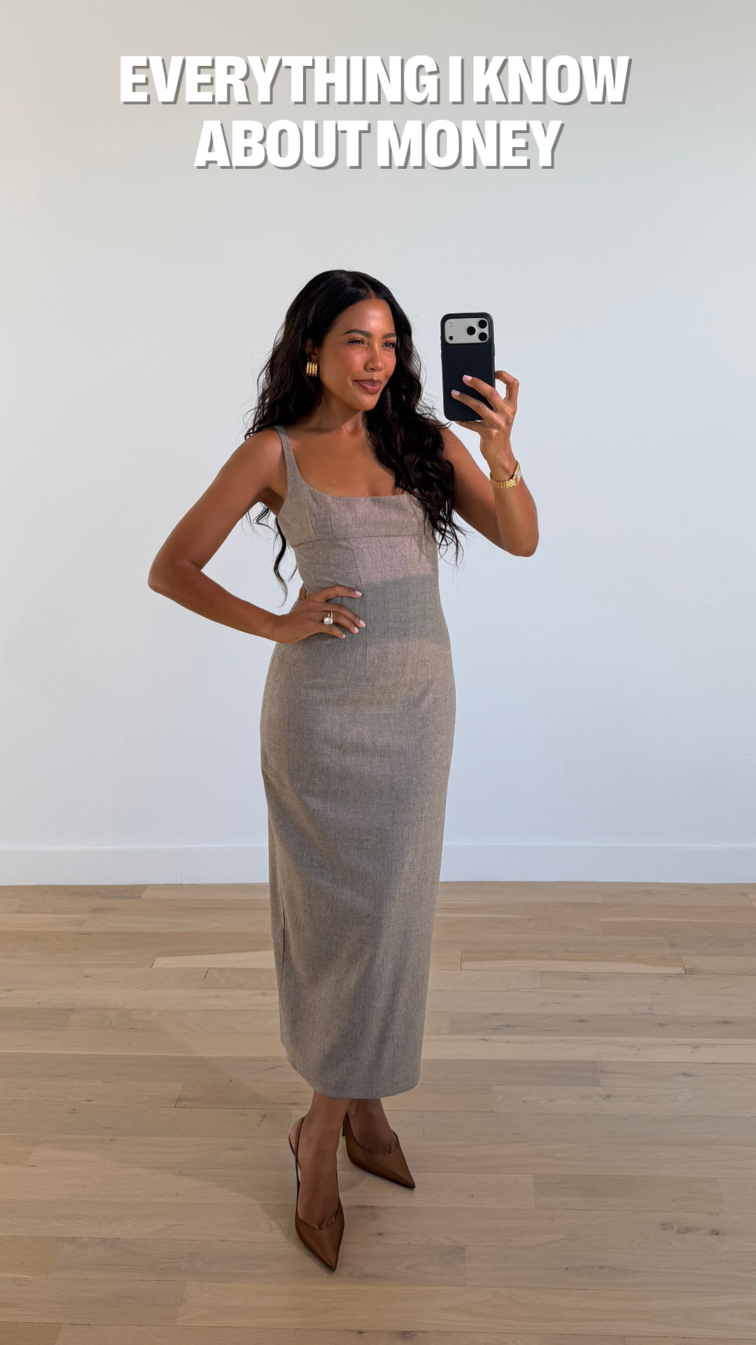 Woman in a light brown dress taking a selfie. Text reads "EVERYTHING I KNOW ABOUT MONEY".