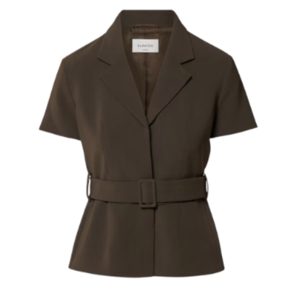 Aritzia espresso brown short-sleeve tailored blazer featuring a notched lapel, structured shoulders, and a matching waist belt.