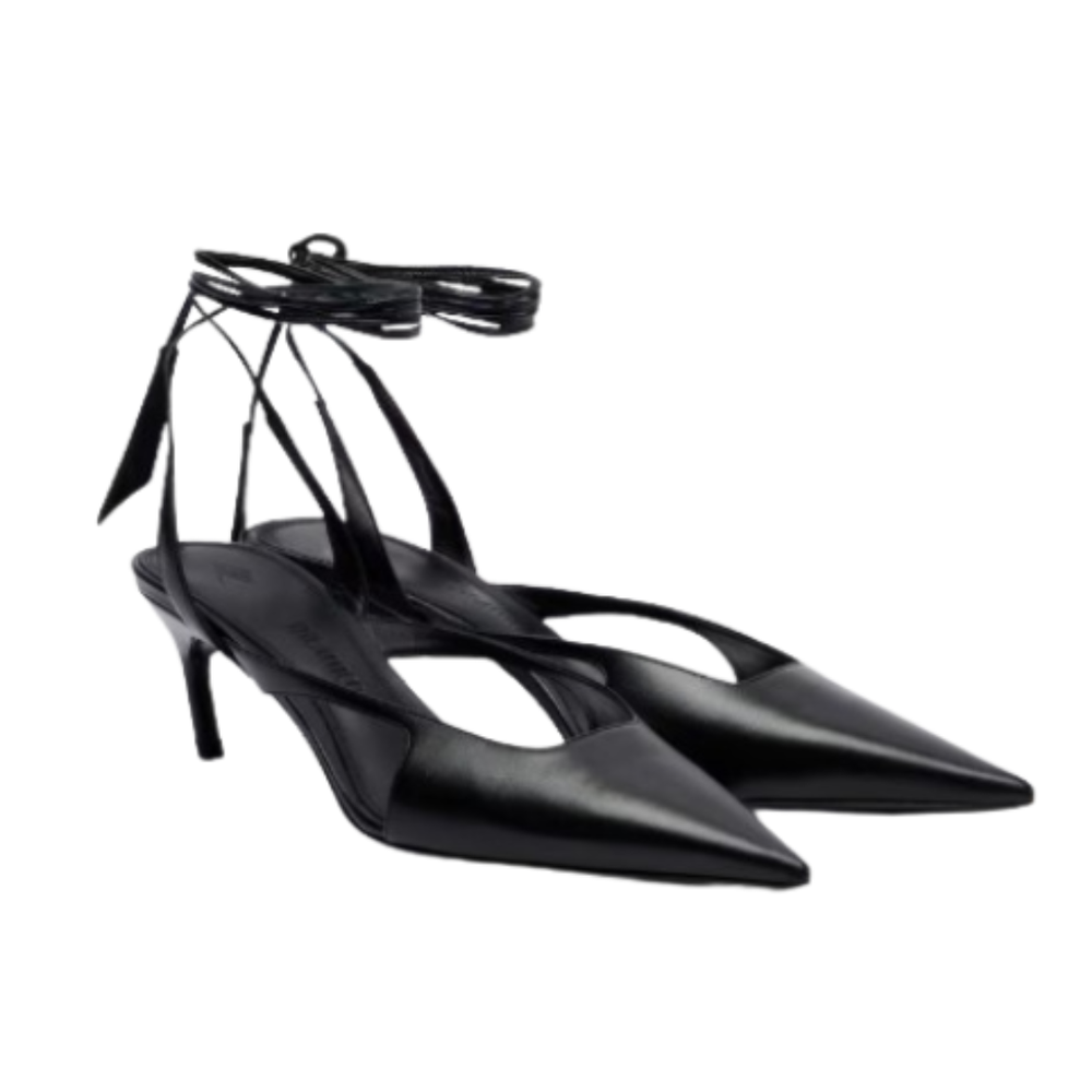 The Attico black leather pointed-toe slingback heels featuring wrap-around ankle ties and a kitten heel.